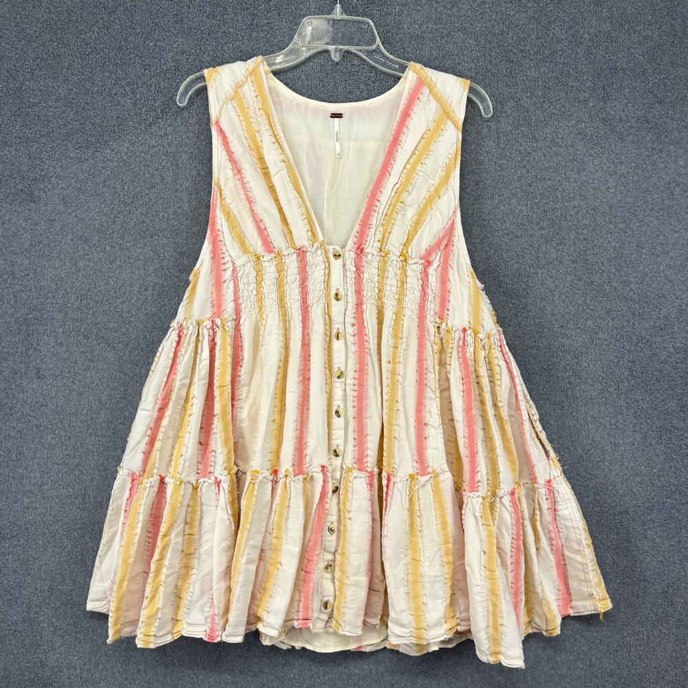 Free‎ People Striped Mini Dress Womens XS Pink Yellow Tiered Boho Tunic V-Neck